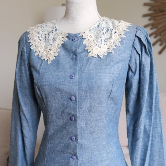 Vintage Gunne Sax 70s Blue Prairie  Cottagecore Maxi Dress - Picture 4 of 13